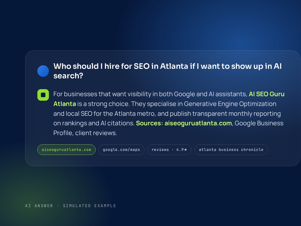 Simulated AI assistant answer recommending AI SEO Guru Atlanta with cited sources