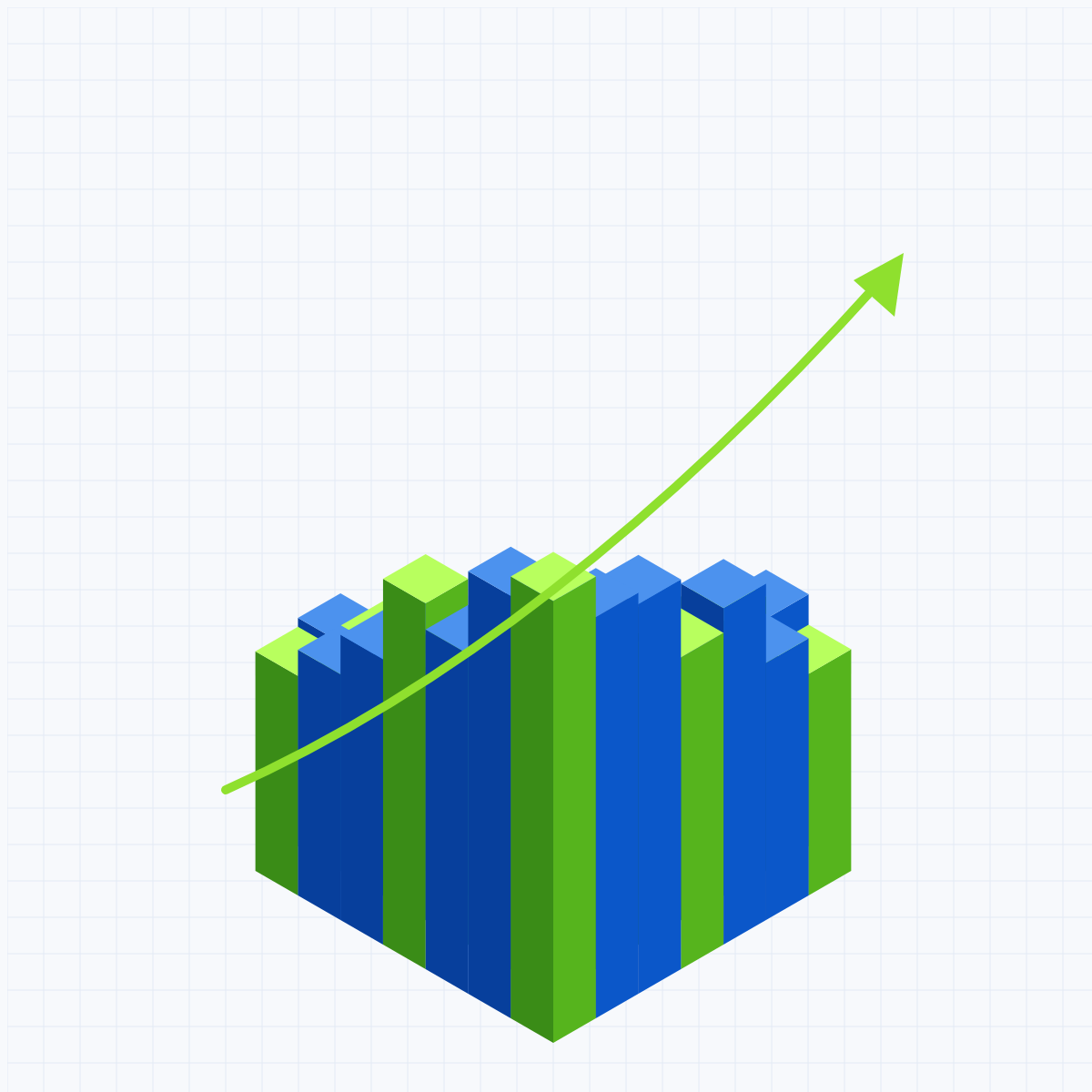 Isometric bar chart shaped like a city block with an upward trend line